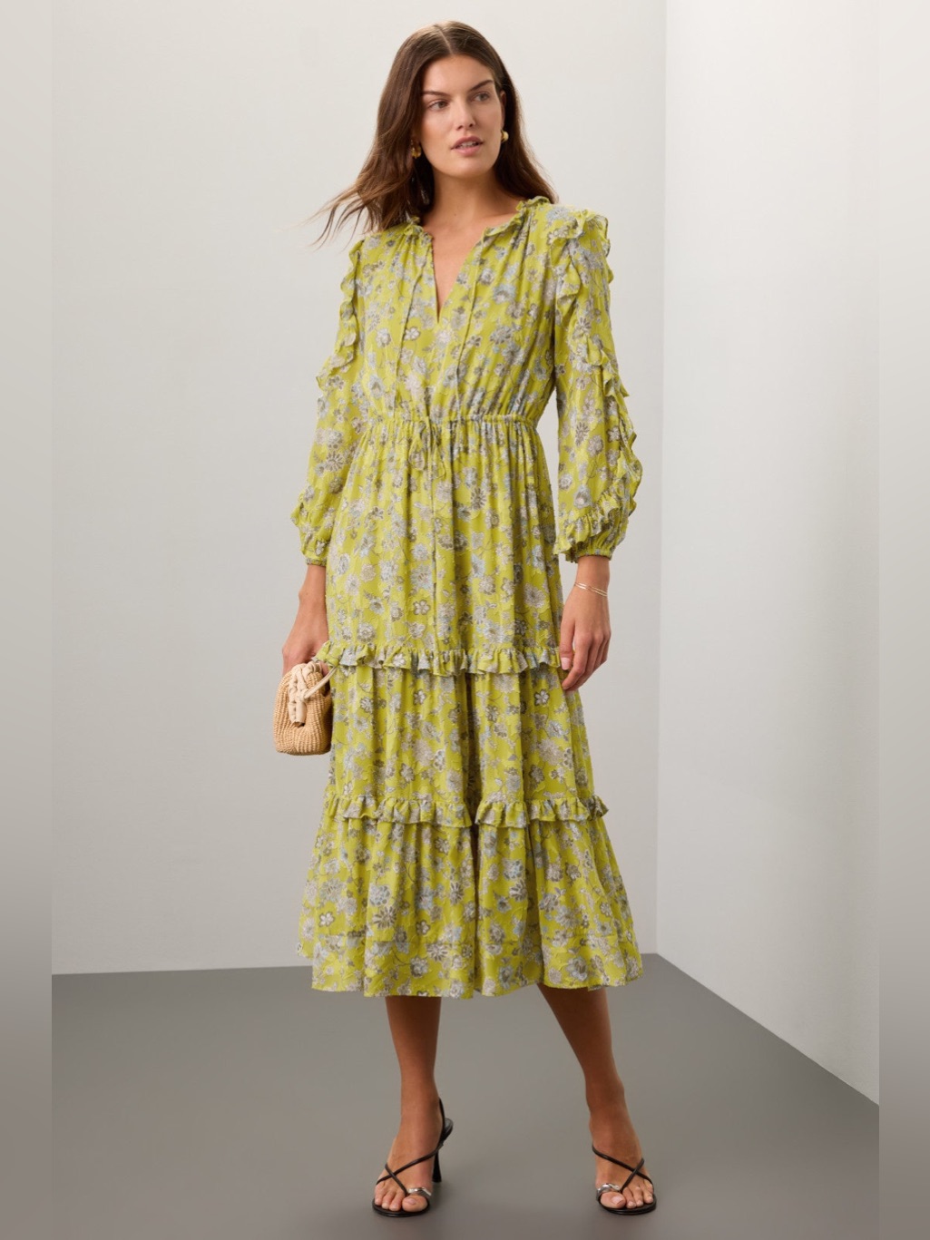 Alexis Chartreuse Floral Tiered Midi Dress
